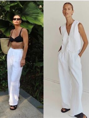 DISSH 100% Linen Flowy Flared Wide-Leg White Pants Size 4 boho chic vacation